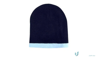 Navy blue and light blue two tone acrylic beanie perfect for cold weather warmth