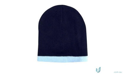 Navy blue and light blue two tone acrylic beanie perfect for cold weather warmth