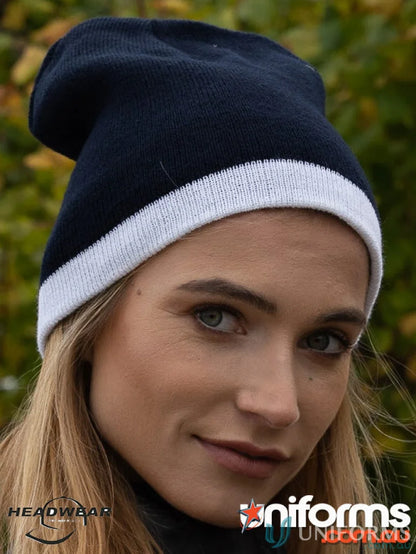 Navy and white two tone acrylic beanie shown in Roll Down Two Tone Acrylic Beanie product