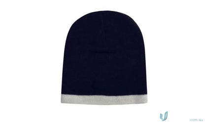 Navy blue two tone acrylic beanie with white trim from Roll Down Two Tone Acrylic Beanie collection
