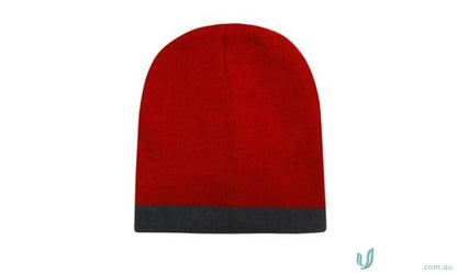 Red and gray two tone acrylic beanie displayed on a Roll Down Two Tone Acrylic Beanie- Toque