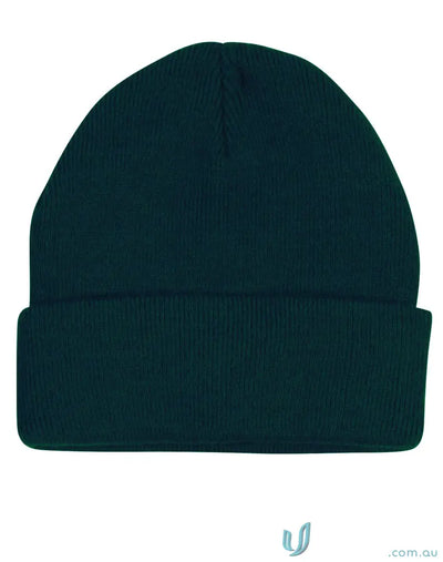 Dark green knit beanie from ch28 Roll-Up Acrylic Beanie collection showing winning spirit roll