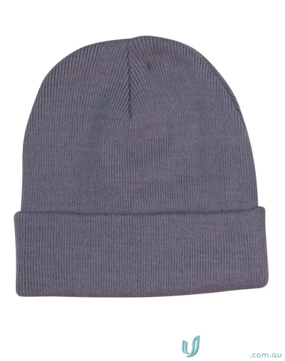 Gray knitted beanie perfect for ch28 roll-up style from Winning Spirit Roll, acrylic beanie
