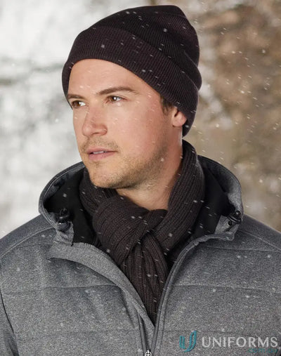 Man wearing ch28 Roll-Up Acrylic Beanie and winter hat with scarf, showing winning spirit roll style
