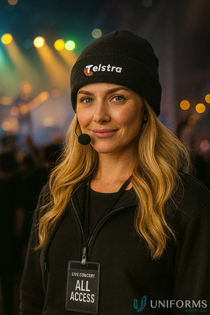 Woman with long blonde hair in black acrylic beanie and workwear with Telstra logo