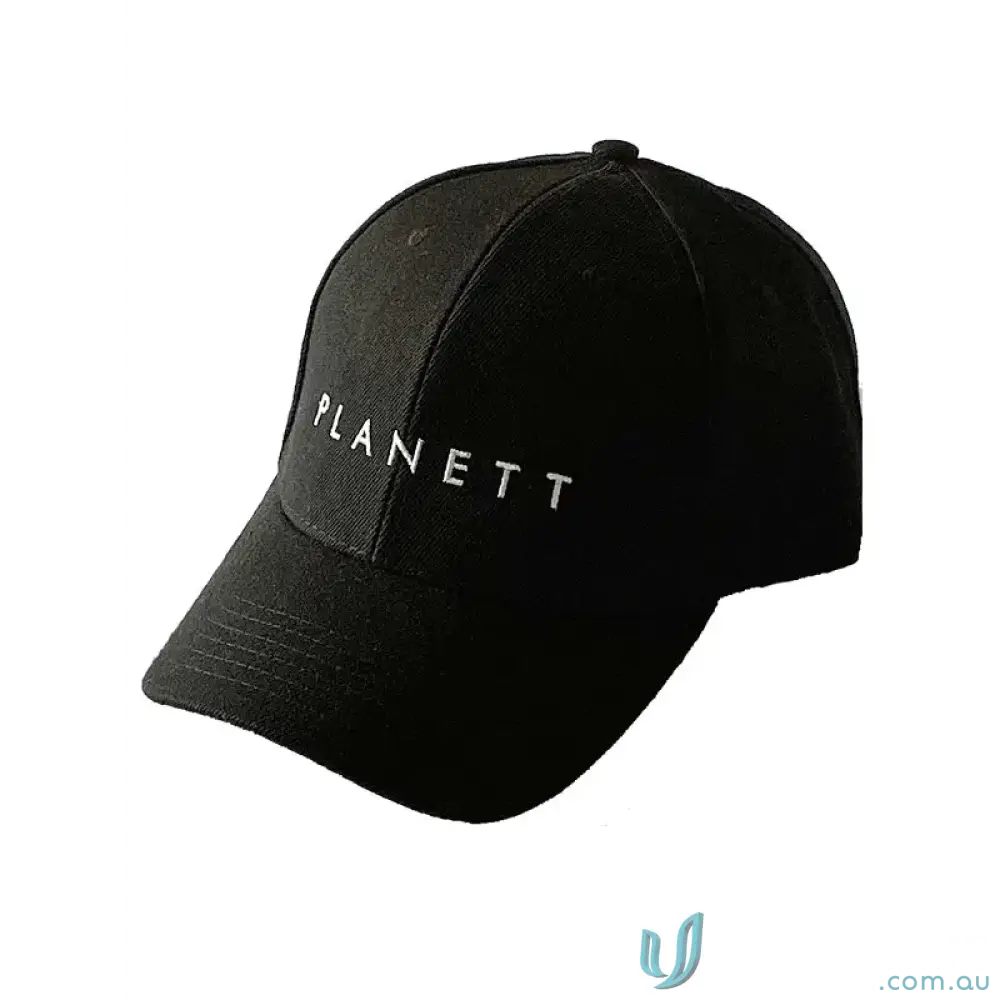 Black RORY Premium Cotton Cap with white PLANETT text, perfect for street style