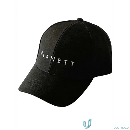 Black RORY Premium Cotton Cap with white PLANETT text, perfect for street style
