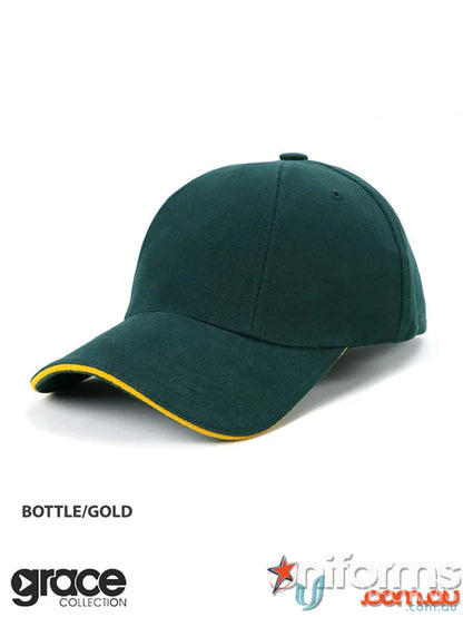 Bottle green panel sandwich baseball cap with gold trim, perfect for uniforms or workwear
