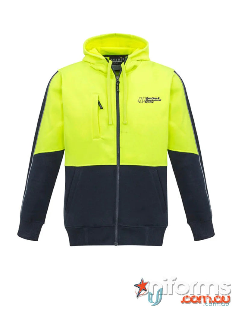 Two-tone hi-vis zip hoodie with hood, perfect for safety and style in RS Centre (L+B) HiVis Zip Hoodie