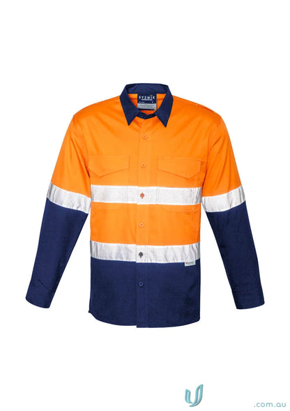 Orange and navy blue work shirt featuring rugged cooling taped hi-vis spliced design