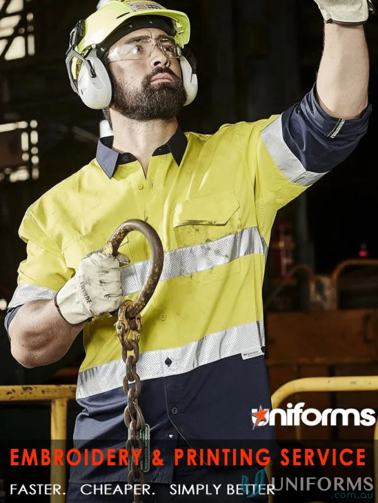 Workwear uniform showing Rugged Cooling Taped HiVis Spliced Shirt for safety