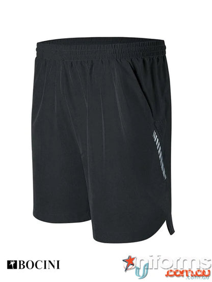 Black athletic running shorts perfect for sports, uniforms, or casual workwear