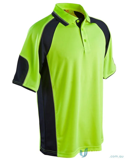 Lime green and black Safety Polo with Underarms Mesh, SW61 High-Vis Polo, mini waffle fabric