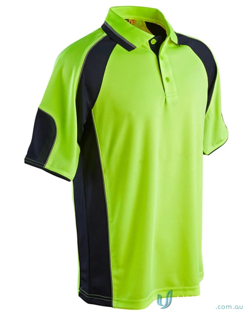 Lime green and black Safety Polo with Underarms Mesh, SW61 High-Vis Polo, mini waffle fabric