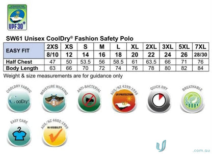 Size chart and feature icons for SW61 High-Vis Polo with mini waffle fabric safety