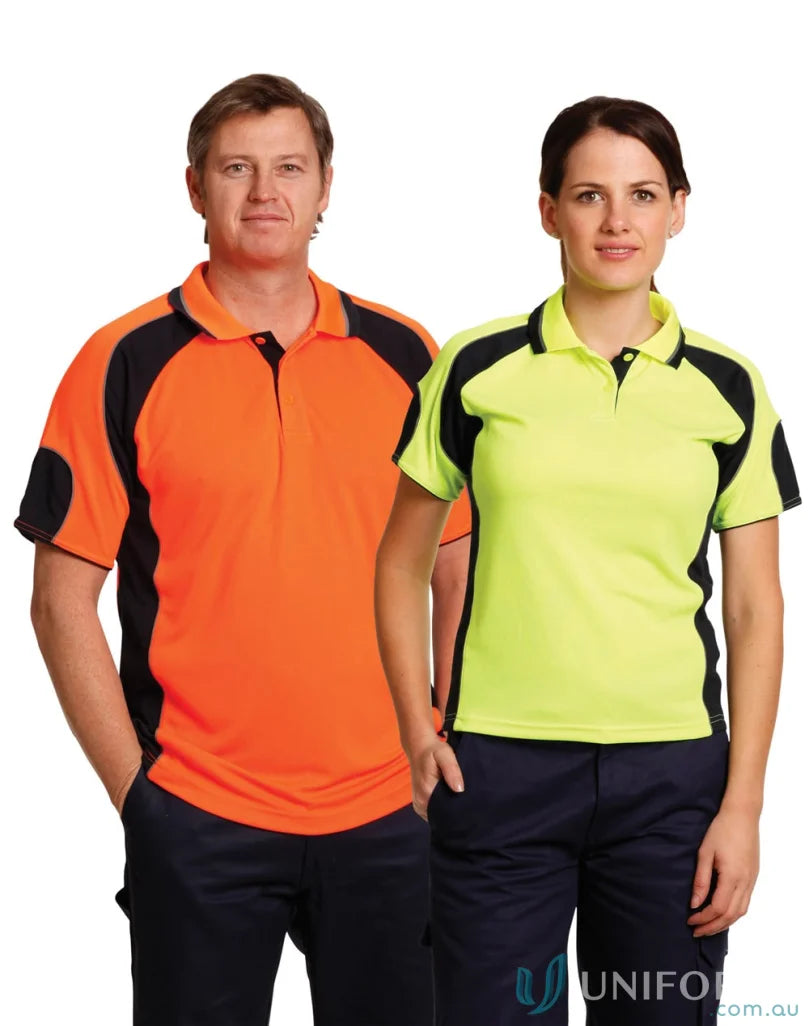 Two people wearing SW61 high-vis polo shirts in mini waffle fabric for winning spirit safety