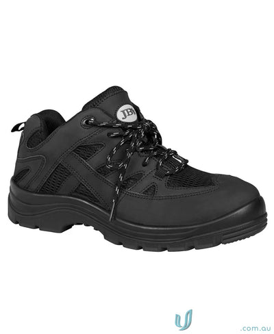Safety Sports Shoe BLACK showing black safety shoe with thick sole and mesh panels