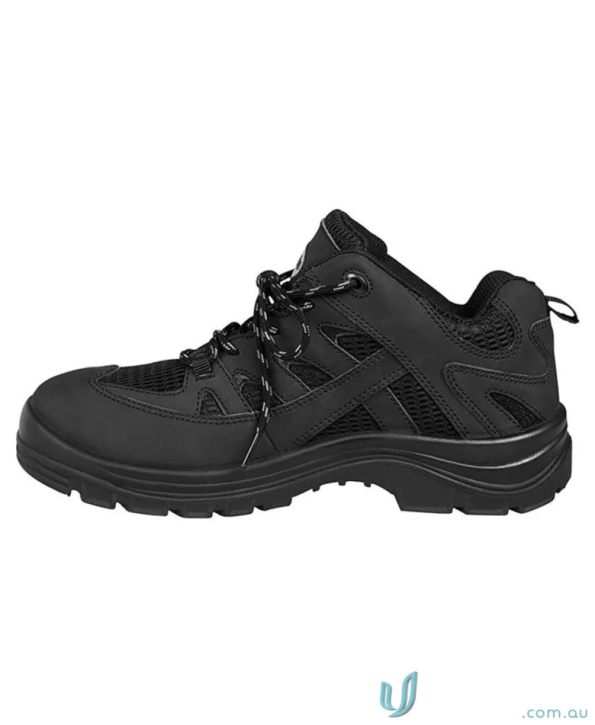 Black Safety Sports Shoe with mesh panels and patterned laces, perfect for workwear