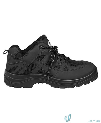 Black men’s Safety Sports Shoe with mesh panels and patterned laces for workwear