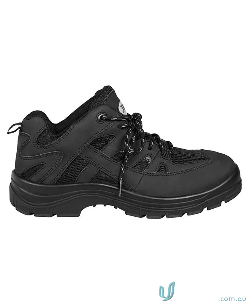 Black men’s Safety Sports Shoe with mesh panels and patterned laces for workwear