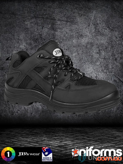 Black safety sports shoe with reflective laces mesh panels and durable sole for workwear