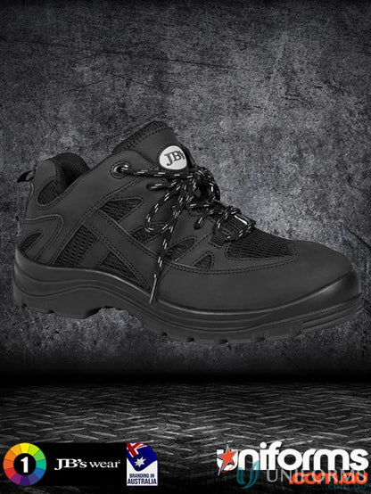 Black safety sports shoe with reflective laces mesh panels and durable sole for workwear