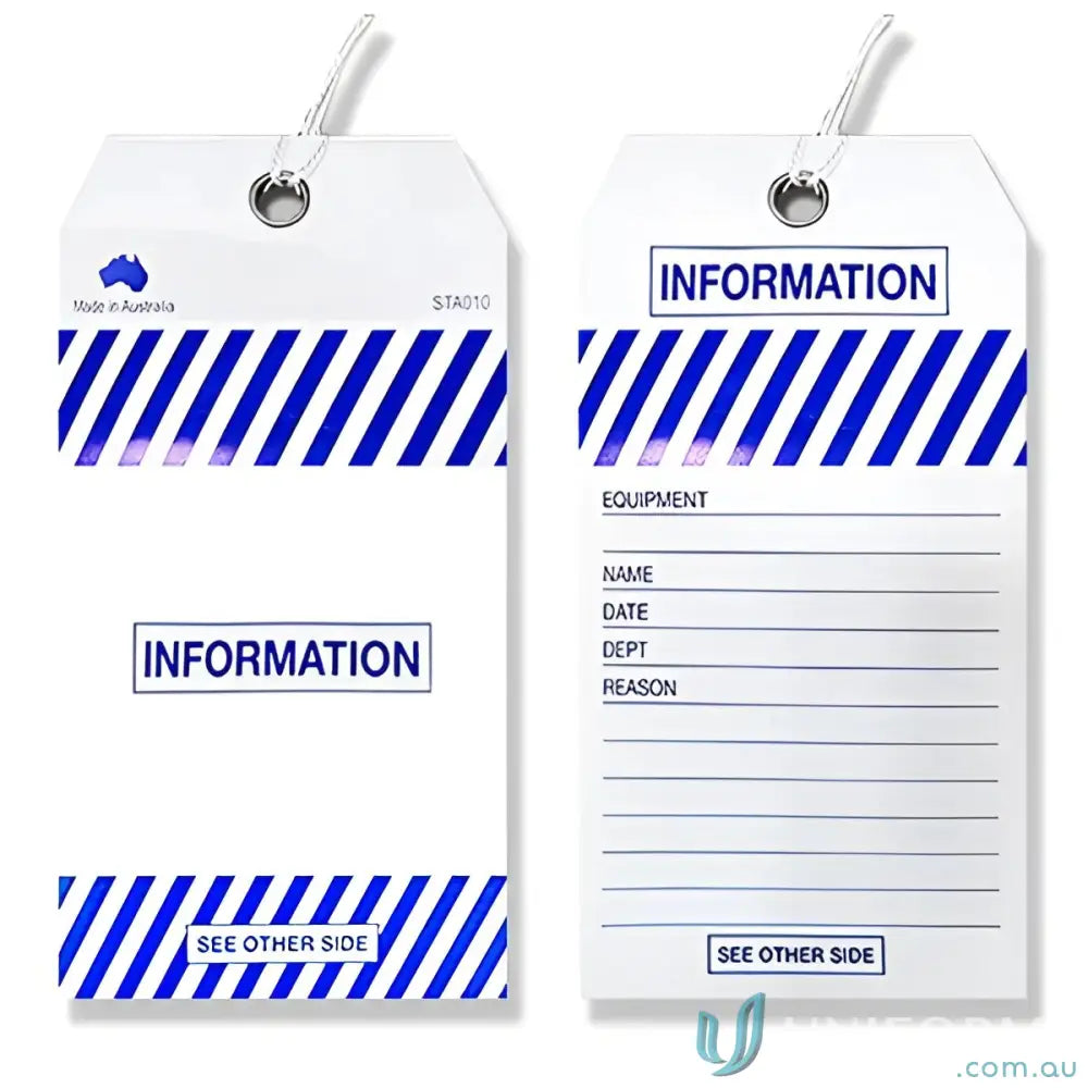 Two white safety tags with safety tag information, perfect for medical uniforms