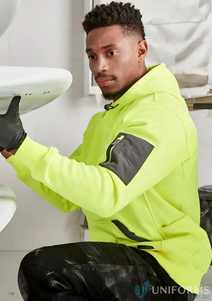 Man in neon yellow Safety Water Resistant Hoodie with rain warm soft fleece fabric