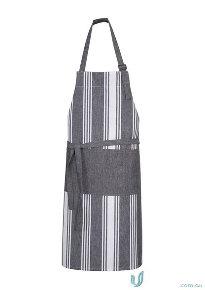 Gray and white striped salt bib apron with adjustable D-ring neck and pepper chambray stripes