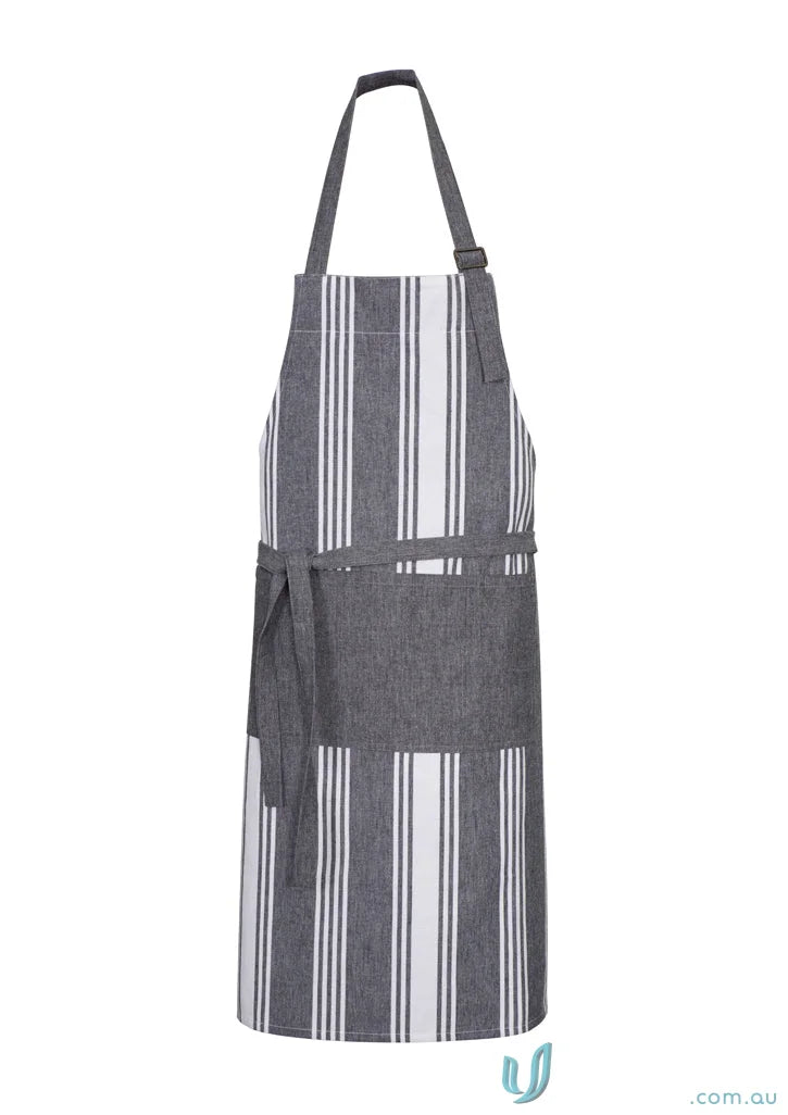 Gray and white striped salt bib apron with adjustable D-ring neck and pepper chambray stripes