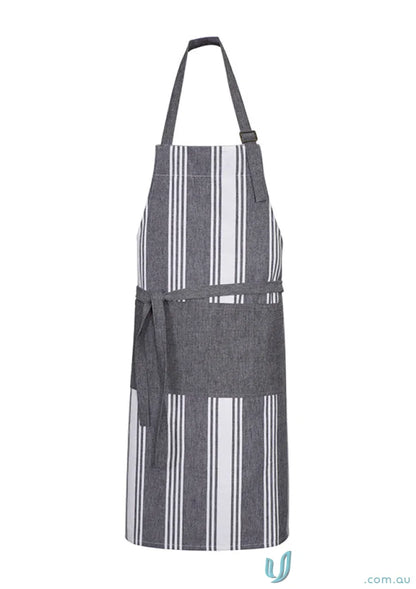 Gray and white striped salt bib apron with adjustable D-ring neck and pepper chambray stripes