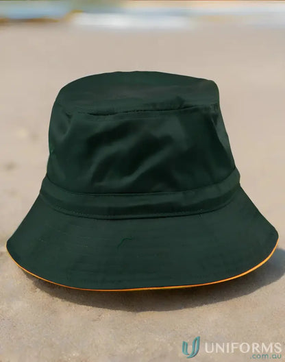 Green bucket hat featuring a winning spirit design and exceptional sun protection for h1033 Sandwich Bucket Hat With Toggle
