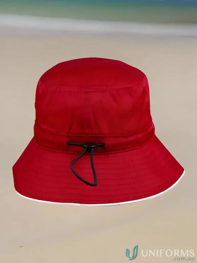 Red bucket hat with white trim from H1033 Sandwich Bucket for a winning spirit and sun protection