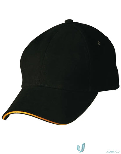 Black Sandwich Peak Cap with gold trim and tuck-in fabric strap, perfect for winning spirit sandwich fans