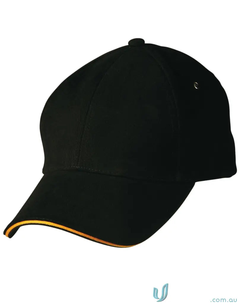 Black Sandwich Peak Cap with gold trim and tuck-in fabric strap, perfect for winning spirit sandwich fans