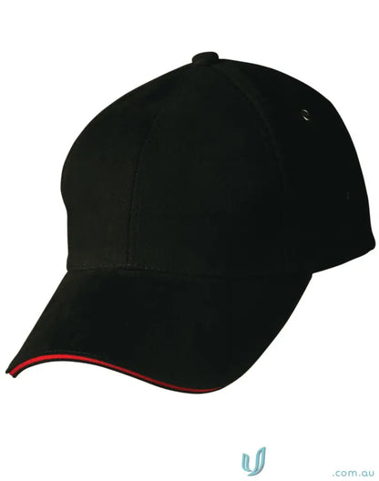Sandwich Peak Cap with black and red trim, featuring tuck-in fabric strap for style