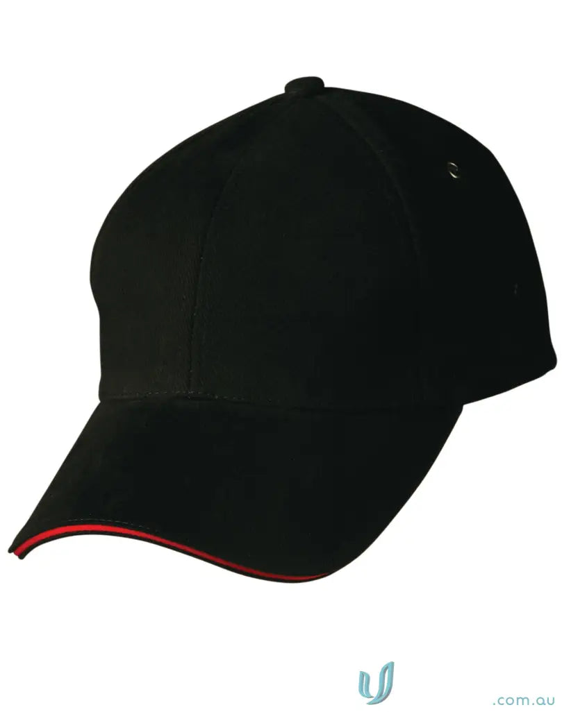 Sandwich Peak Cap with black and red trim, featuring tuck-in fabric strap for style