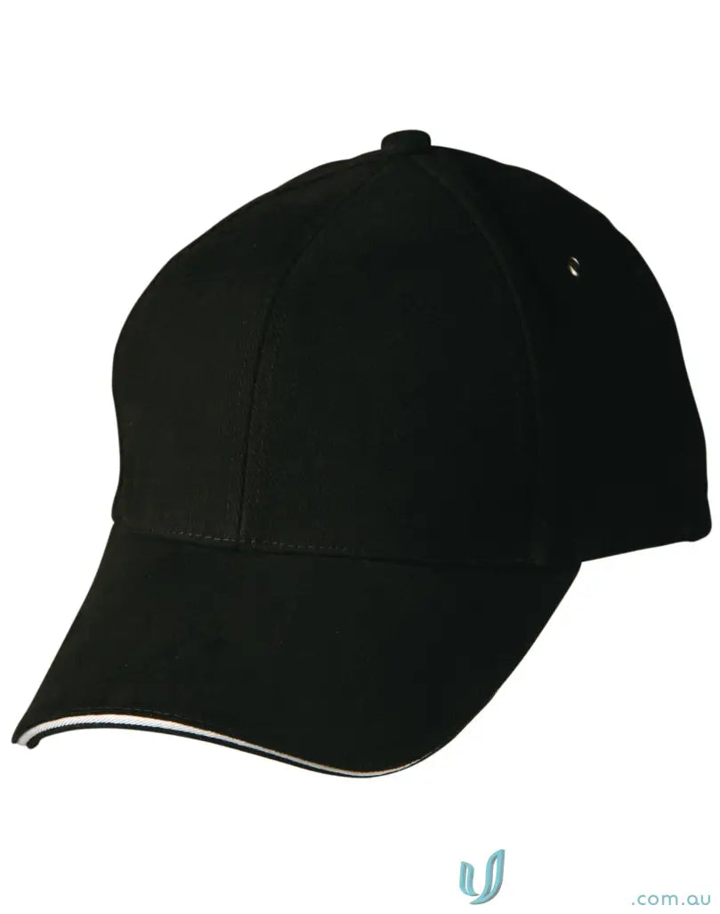 Sandwich Peak Cap with black color, white trim, tuck-in fabric strap, perfect for winning spirit sandwich fans