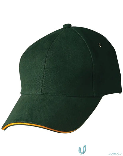 Sandwich Peak Cap with green color, yellow trim, tuck-in fabric strap - sporty vibe