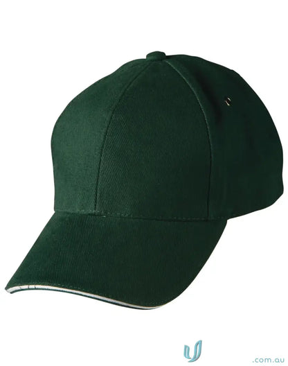 Dark green Sandwich Peak Cap with tuck-in fabric strap showcasing winning spirit Sandwich branding