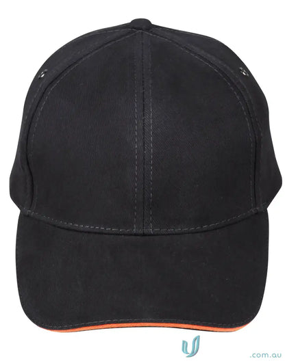 Black Sandwich Peak Cap with orange trim and tuck-in fabric strap for a winning spirit