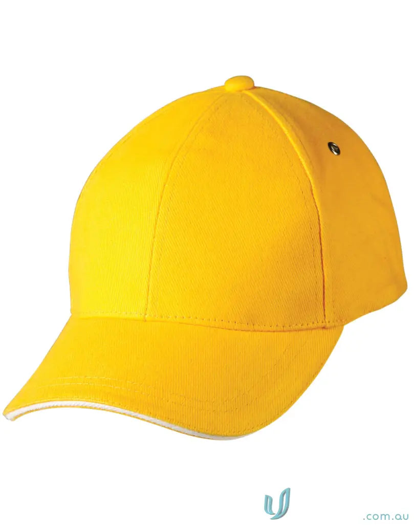 Yellow Sandwich Peak Cap with white trim and tuck-in fabric strap, perfect for winning spirit Sandwich fans