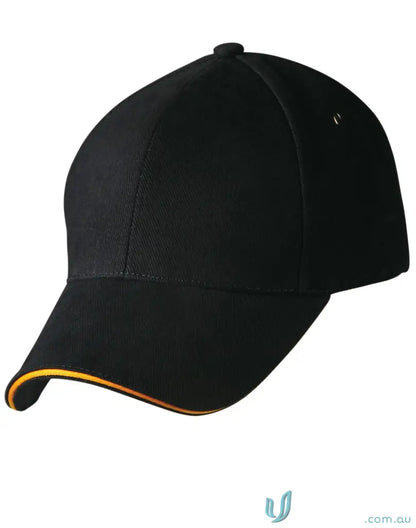 Black Sandwich Peak Cap with gold trim and tuck-in fabric strap for a winning spirit