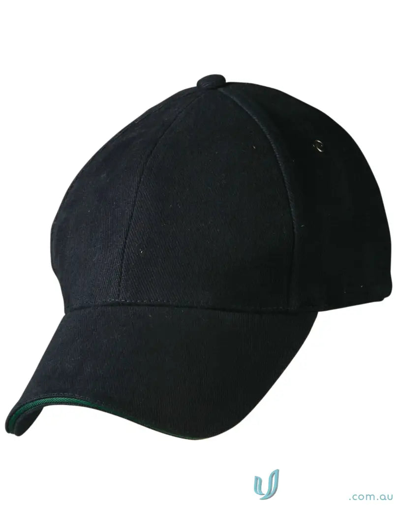 Black Sandwich Peak Cap with tuck-in fabric strap showcasing winning spirit sandwich style