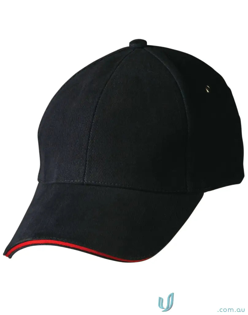 Black Sandwich Peak Cap with red trim and tuck-in fabric strap showcasing winning spirit sandwich vibe