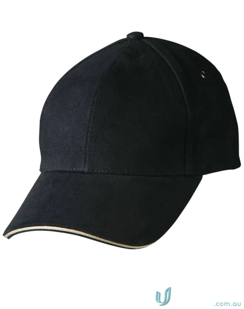 Black Sandwich Peak Cap with white trim and tuck-in fabric strap for winning spirit