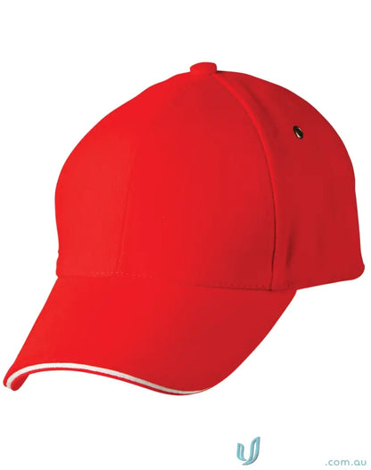 Red Sandwich Peak Cap with white trim and tuck-in fabric strap for a winning spirit