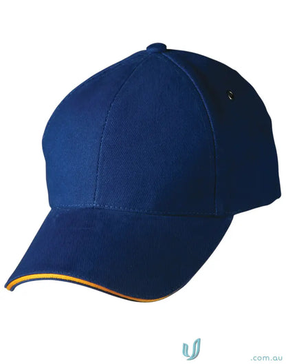 Sandwich Peak Cap with blue and yellow trim featuring tuck-in fabric strap, stylish look