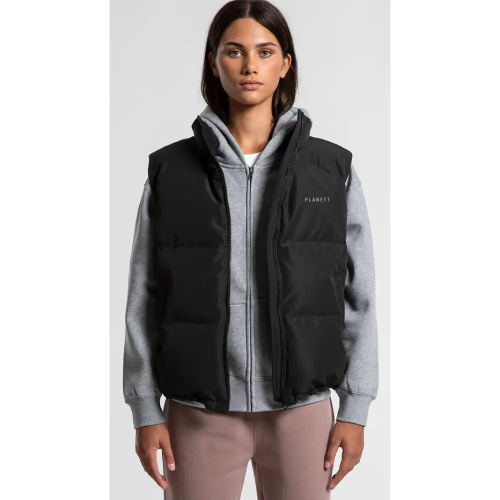 Black and gray Sarah puffer vest with hood and fleece lining