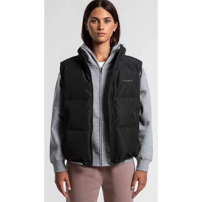 Black and gray Sarah puffer vest with hood and fleece lining